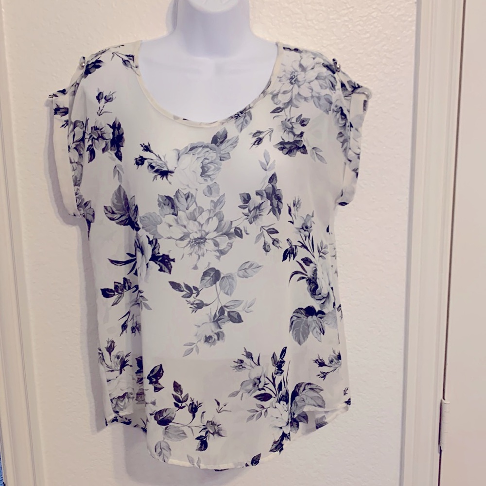 B_envied Sheer White Blouse with Black Flowers Sz M
